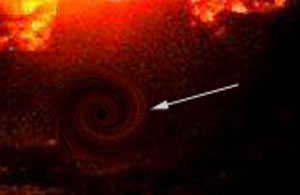 NASAPS artist's conceptualization of invisible black hole 
											driving hot air and gas into an explosive frenzy